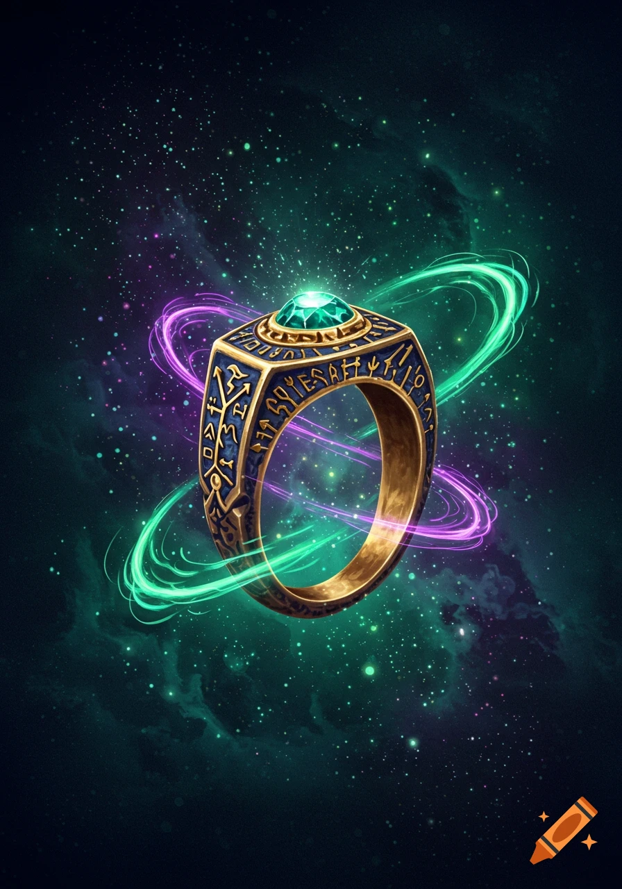 A golden ring with a green gem and ancient symbols floats amidst swirling purple and green energy against a starry cosmic background.