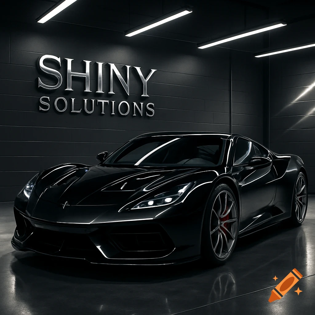 A black supercar parked in a dark, minimalist garage with a silver 'SHINY SOLUTIONS' sign on the wall, photorealistic.