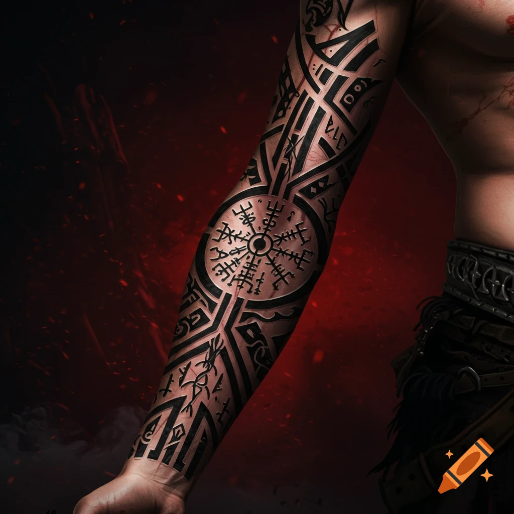 Close-up of a human arm covered in a large, intricate black tattoo featuring ancient runes and symbols against a red and black background.