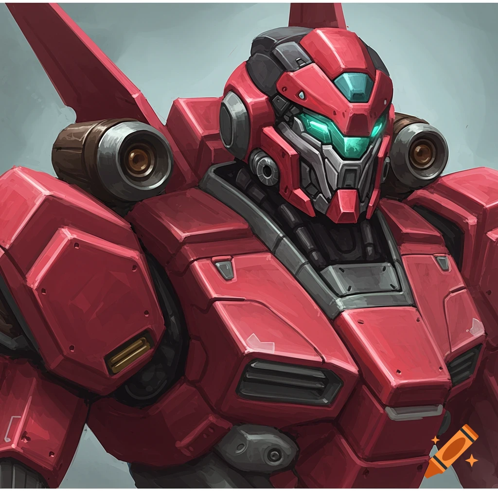 A close-up, chest-up view of a vibrant crimson red mech suit with gray and black accents and a glowing green visor.