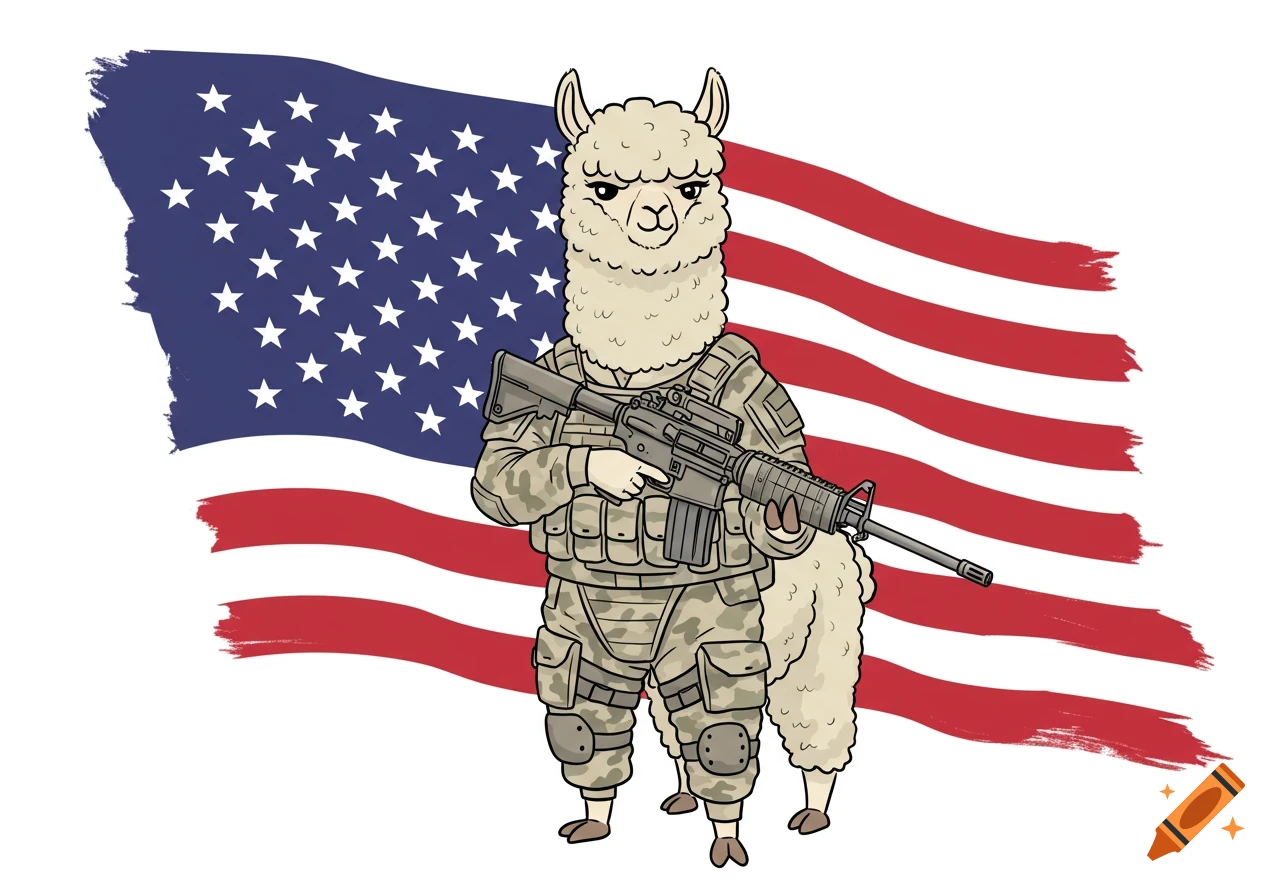 Cartoon alpaca in military camouflage armor holding an M16 rifle, standing against a waving American flag.