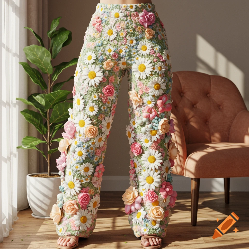 Photorealistic image of flared pants covered in knitted white daisies, pink, and peach-colored roses. A plant and chair are in the background.