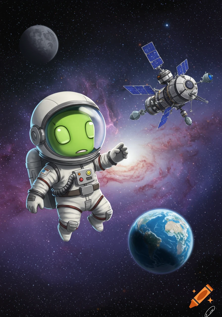 A cute green alien astronaut floats in space near Earth, a moon, and a satellite, with a galaxy in the background.