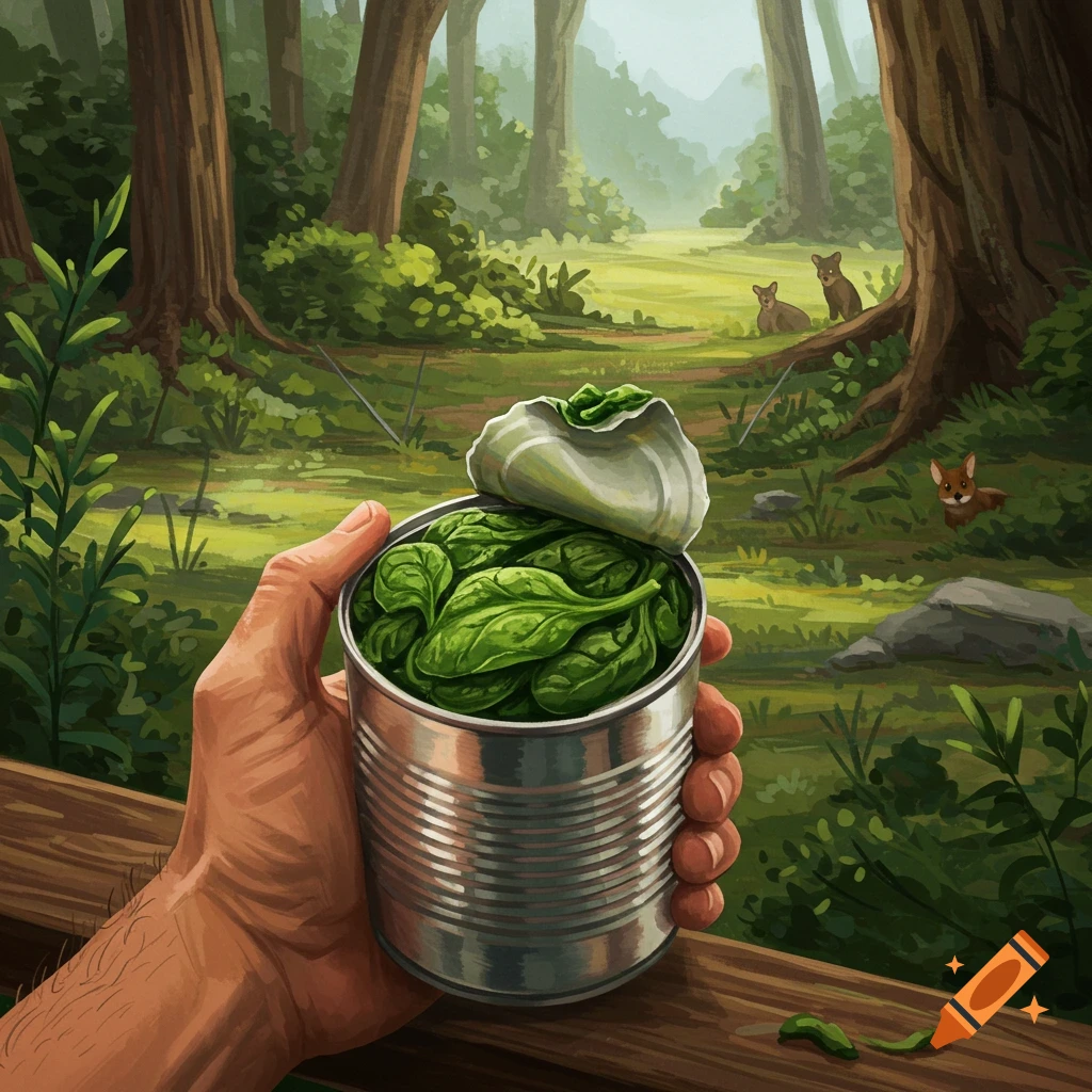 A hand holds an open can of spinach, filled with fresh green leaves, in a lush, green forest.