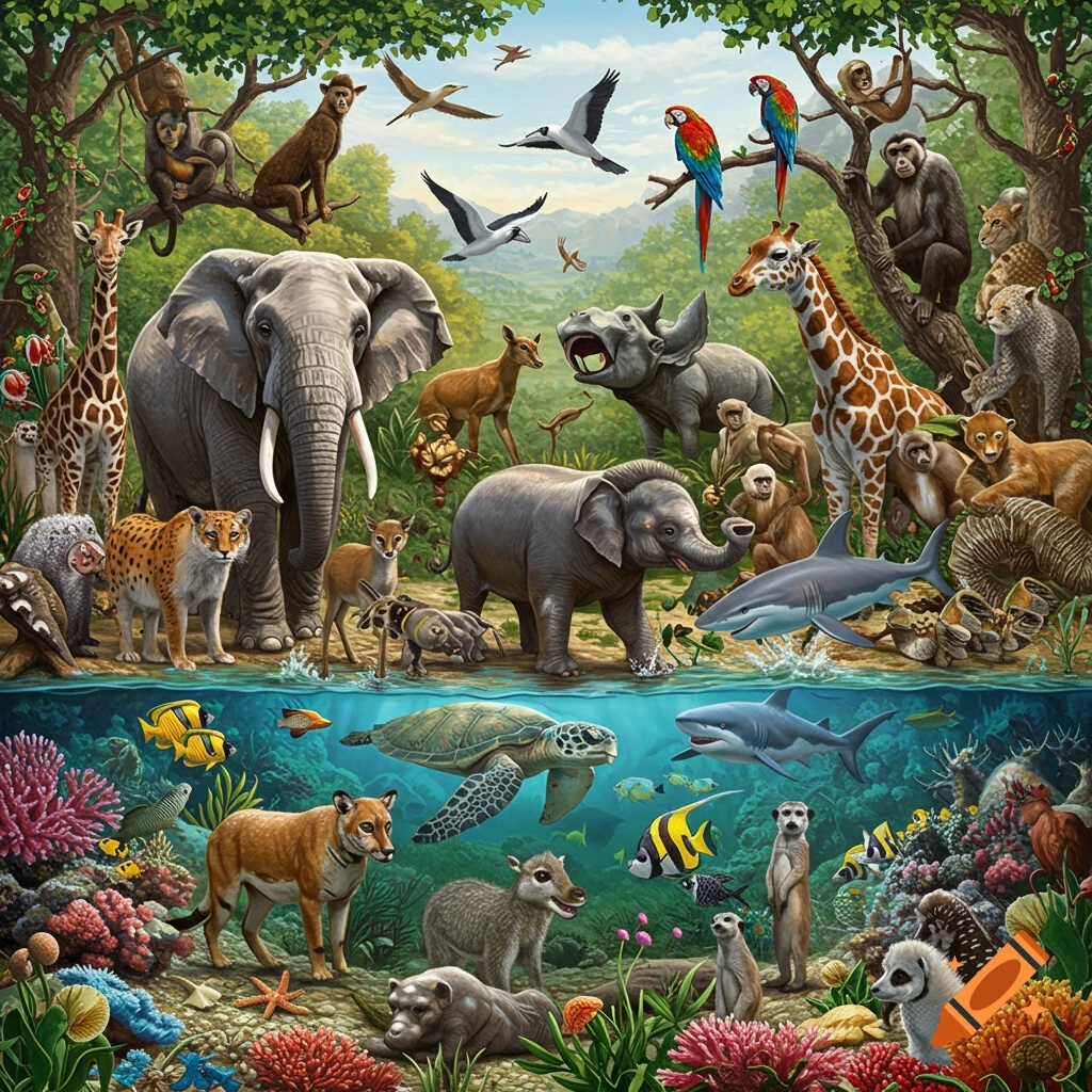 A densely packed illustration of various land and sea animals in a lush jungle and ocean environment.