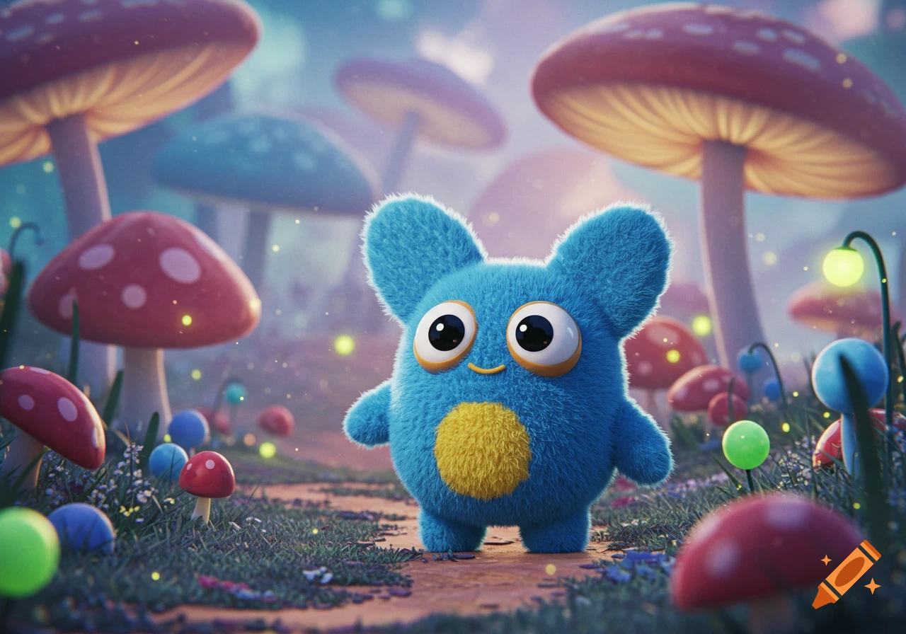 A cute, fluffy blue creature with big eyes and a yellow belly stands on a path in a whimsical mushroom forest with glowing details.