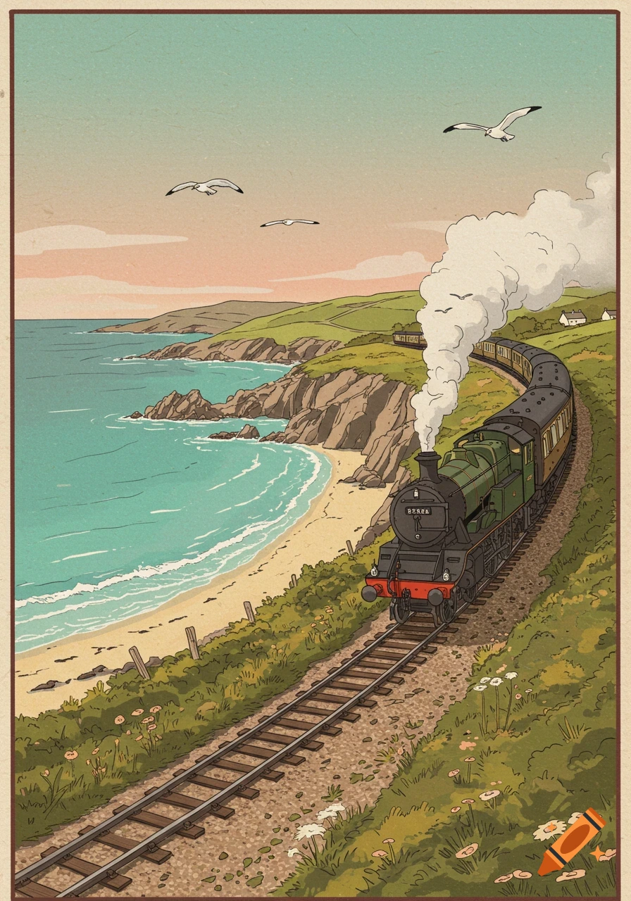A vintage-style illustration shows a green steam train traveling along a track beside a sandy beach and rocky coastline under a pastel sky.