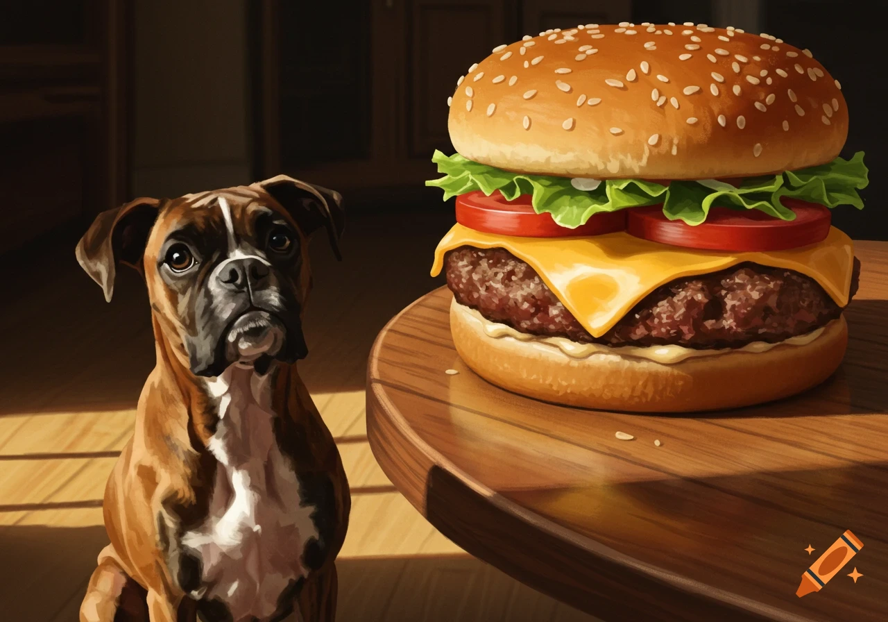 An illustration of a boxer dog looking at a cheeseburger on a wooden table.