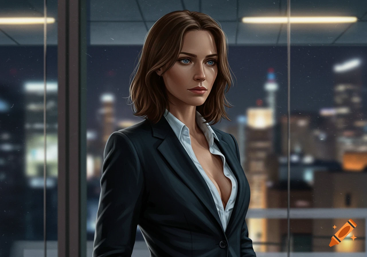 A serious woman with shoulder-length brown hair and blue eyes wears a dark suit and open white shirt, standing by a window overlooking a city at night. Digital art style.