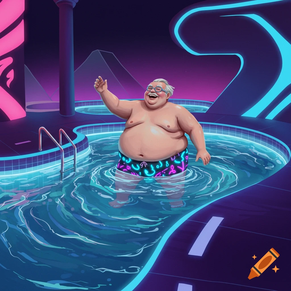 A happy, portly old man waving in a vibrant, neon-lit Tron-style swimming pool with pyramids in the background.
