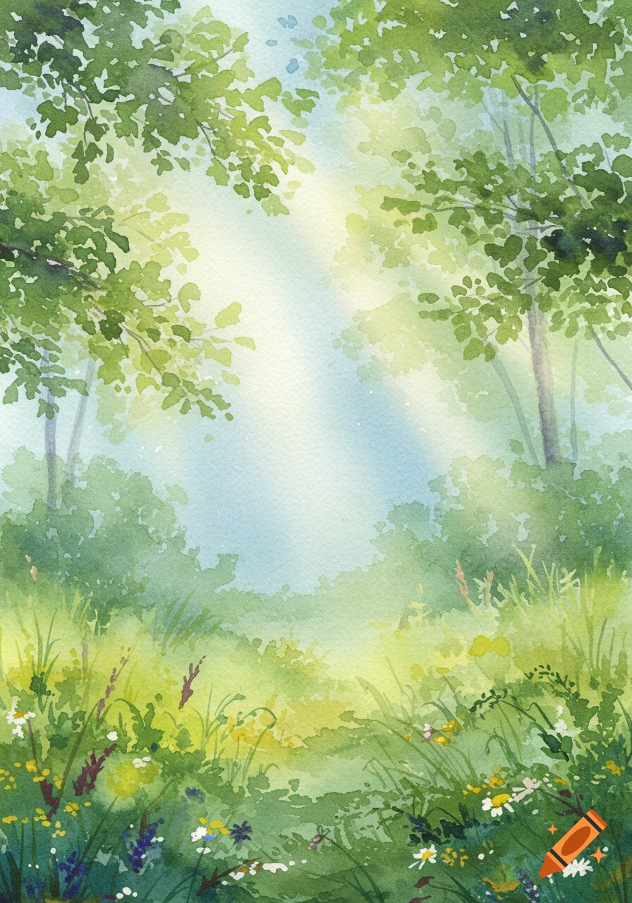 A vibrant watercolor painting of sunlight streaming through green trees onto a meadow with wildflowers.