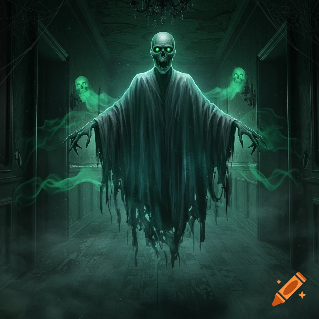 A spectral ghost with glowing green eyes floats in a dark, dilapidated hallway, two smaller ghosts behind it.