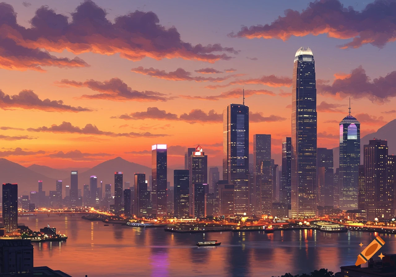 A vibrant cityscape with towering skyscrapers reflected in a body of water at sunset, under an orange and purple sky.