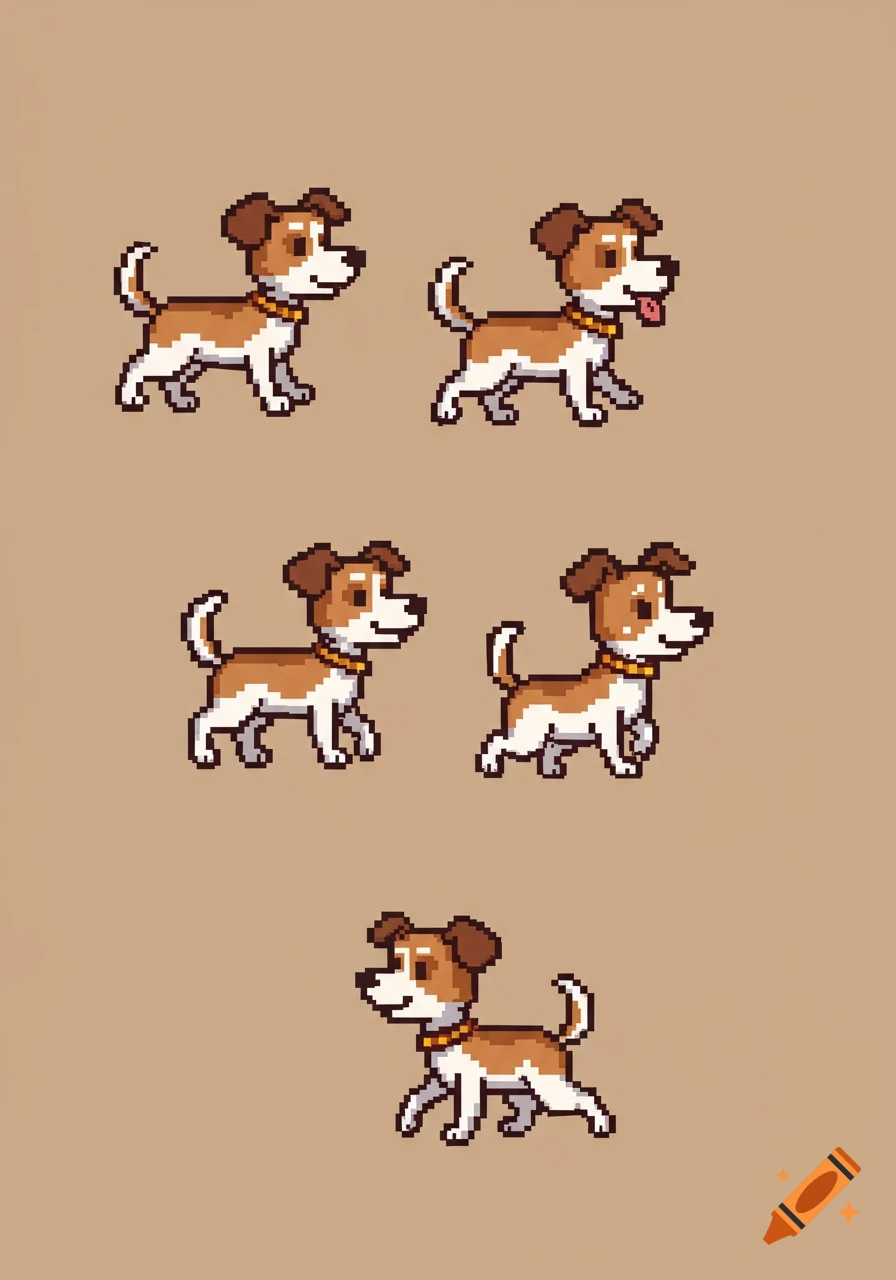 A pixel art image showing five different brown and white dog sprites on a plain tan background, depicting various poses for animation cycles.