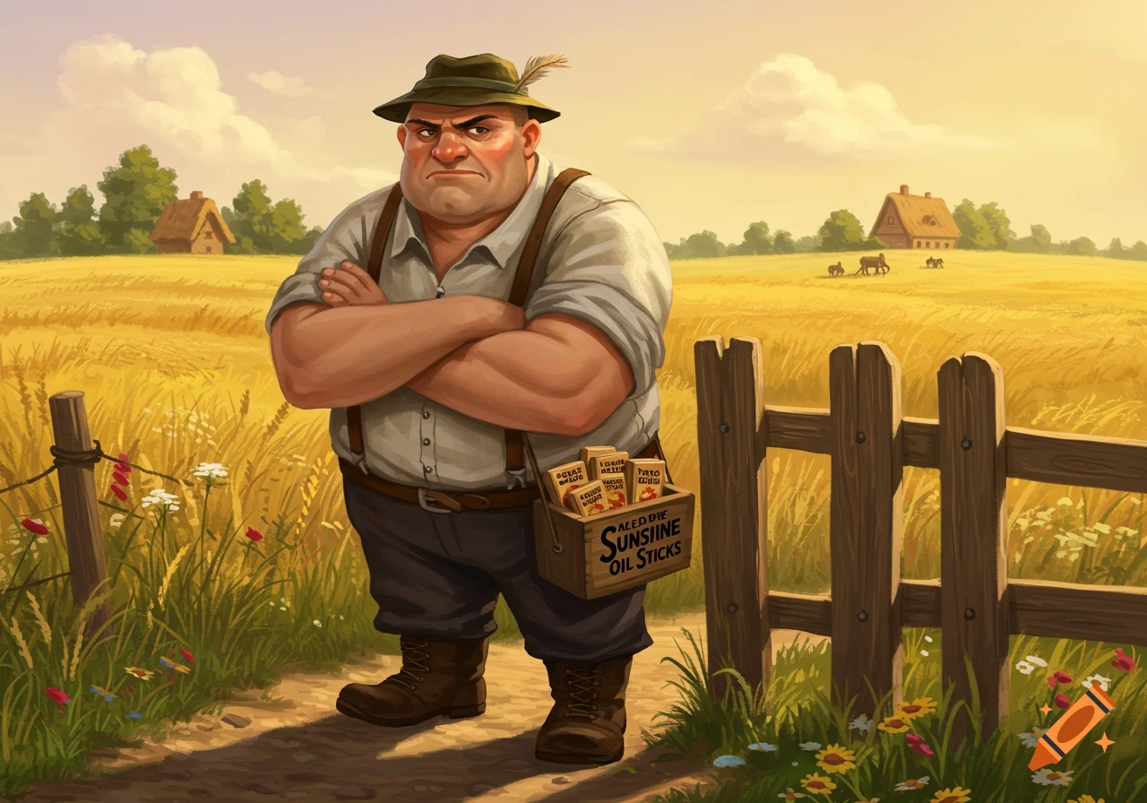 An angry, obese man in suspenders and a hat stands with crossed arms in a golden wheat field, carrying a box of 'Sunshine Oil Sticks'.