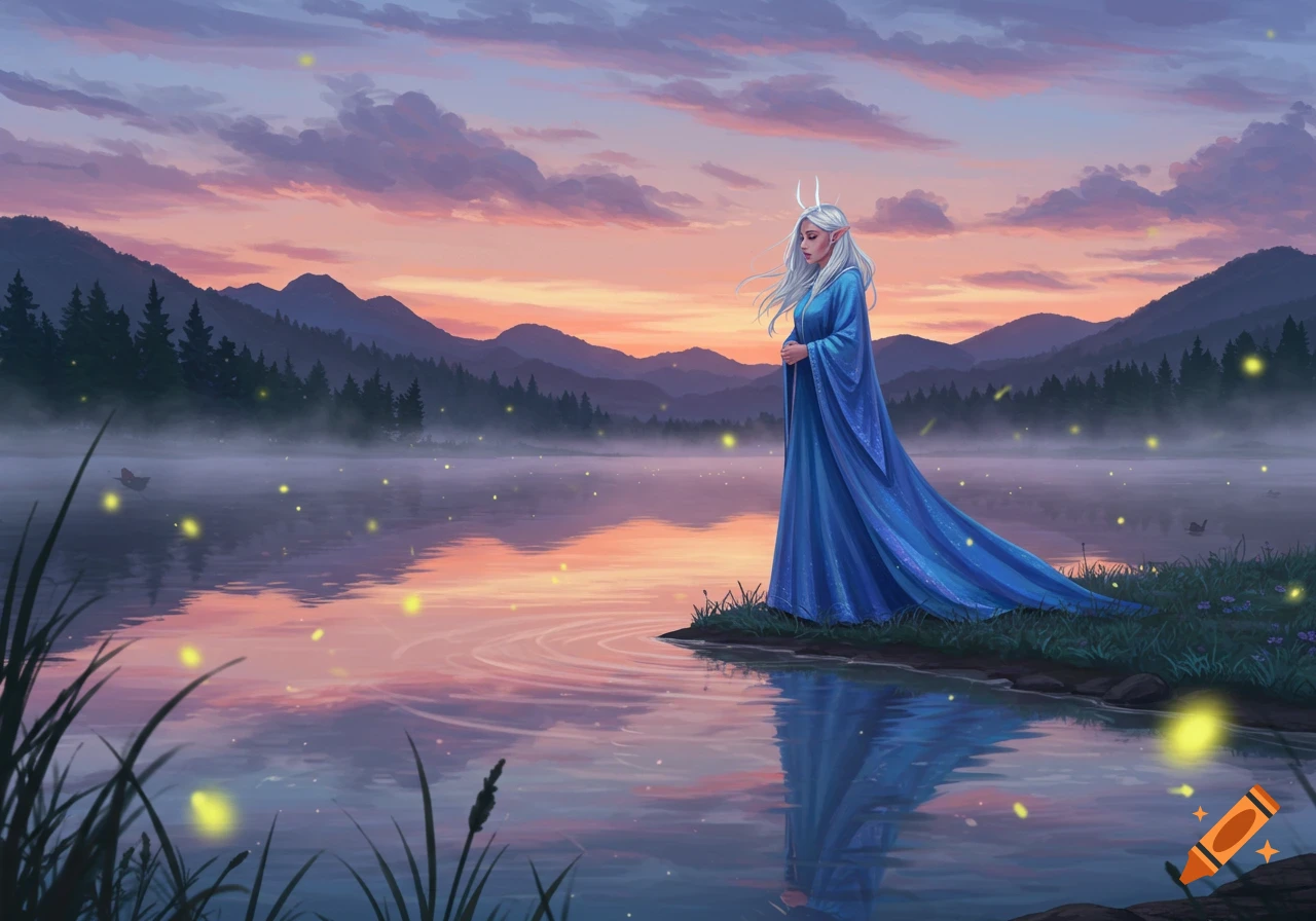 A white-haired elf woman in a flowing blue gown stands by a misty lake reflecting a sunset sky, surrounded by glowing fireflies.