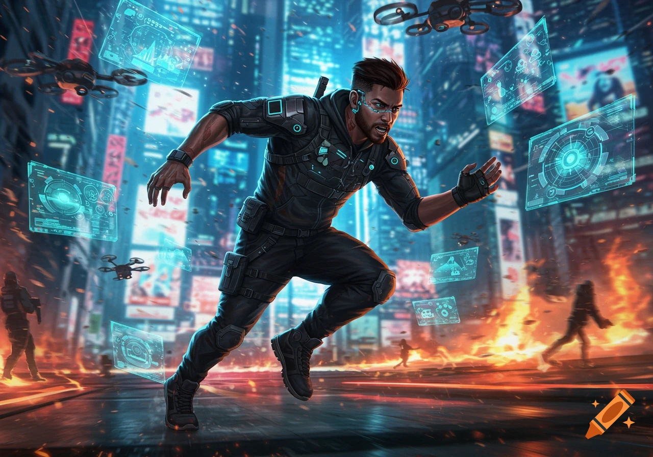 A man in futuristic gear runs through a cyberpunk city street with holographic displays and drones flying around.