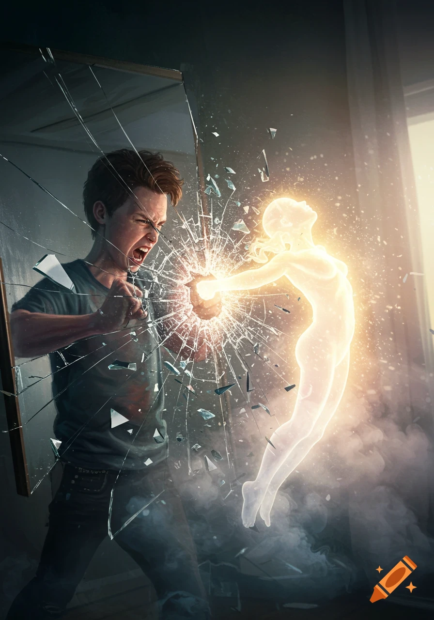 A man punches a mirror, shattering it, as a glowing, ethereal figure emerges from the broken glass in this dramatic digital art piece.