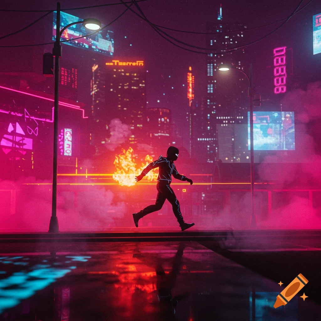 A person in a glowing suit runs past fire in a neon-lit cyberpunk city at night, with reflections on the wet ground.