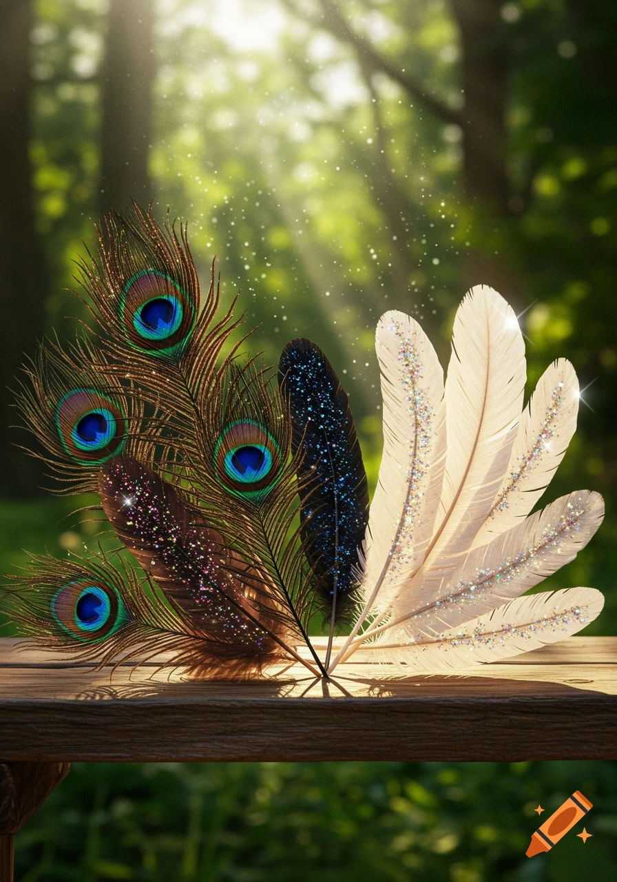 Peacock, dark, and white feathers with glitter rest on a wooden surface in a sunlit forest, with sparkling light effects.