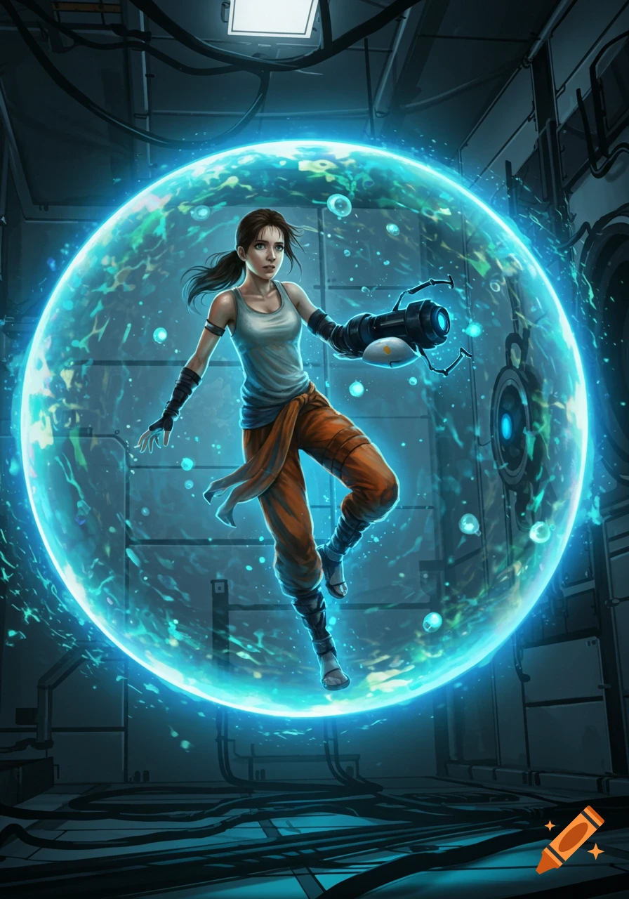 A digital art rendering of Chell from Portal, floating within a bright blue glowing force field in a futuristic room.