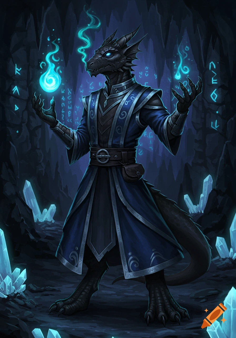 A black-scaled kobold sorcerer casting blue magical flames in a dark crystal cave.