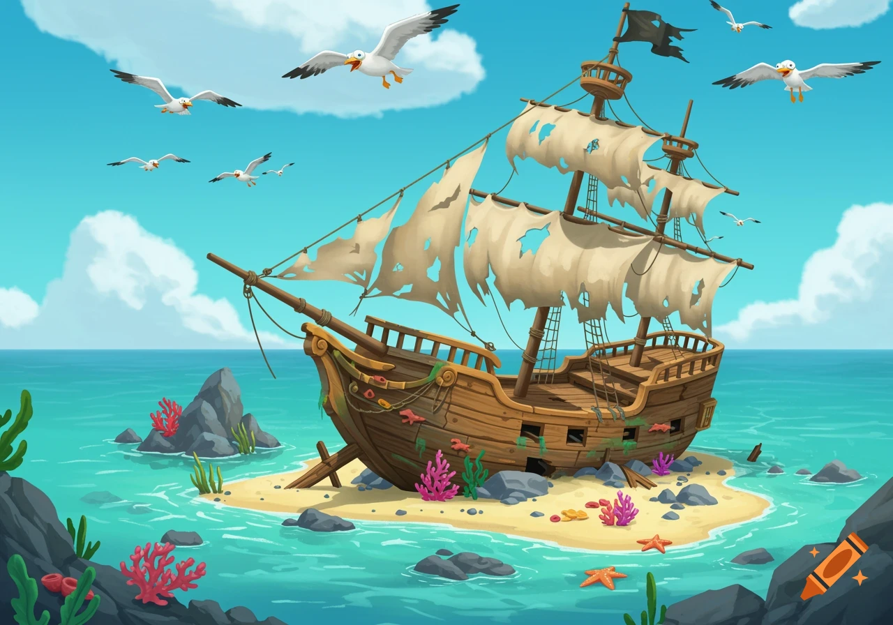 A vibrant cartoon shipwreck on a small sandy island in turquoise water with corals and seagulls.