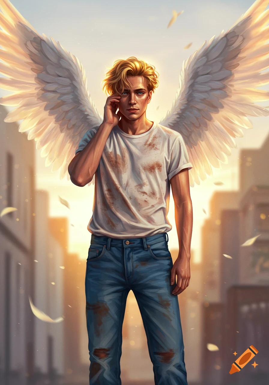 A blonde man with blue eyes and large white angel wings stands in a cityscape at sunset, wearing a dirty white t-shirt and ripped blue jeans.