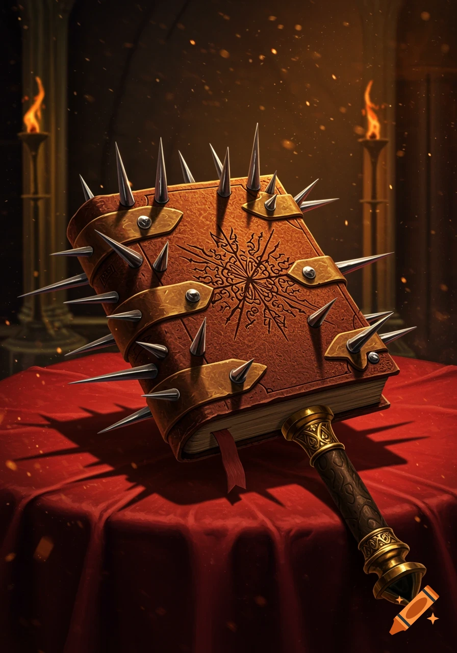A spiked brown book with a golden handle, like a weapon, rests on a red draped table in a torchlit, dark room.