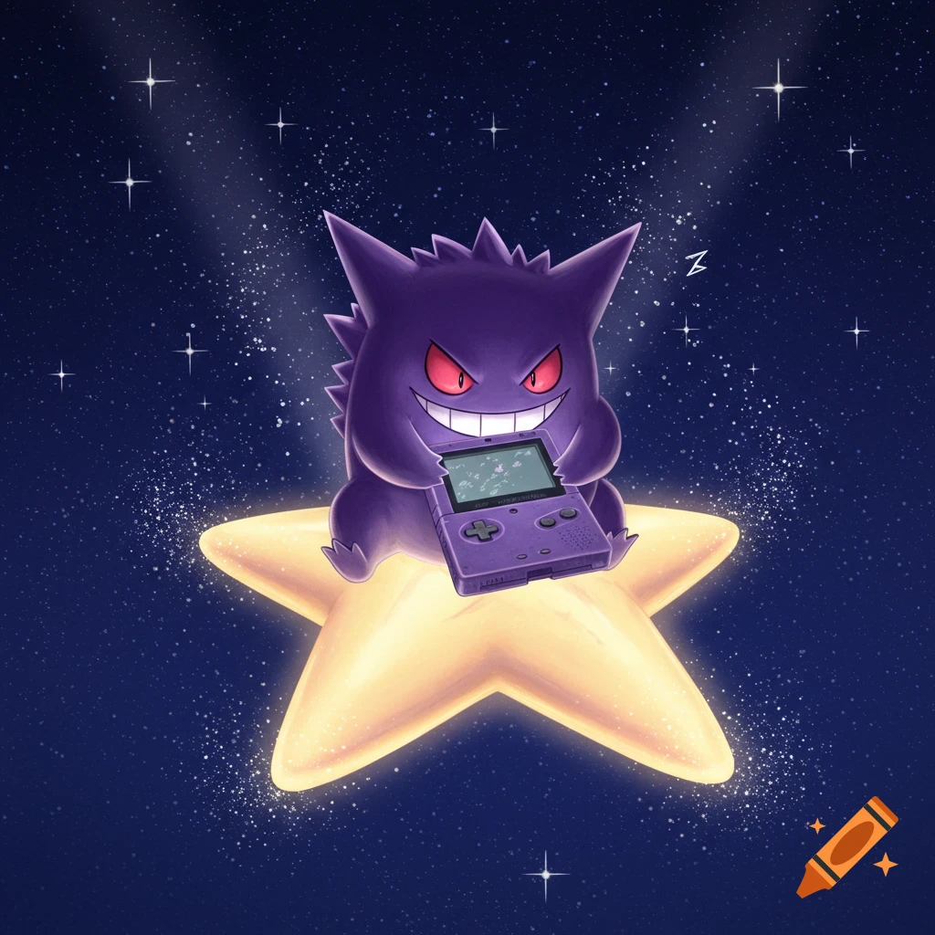 A mischievous purple Gengar floats on a glowing yellow star in a starry night sky, playing a purple Game Boy Color.