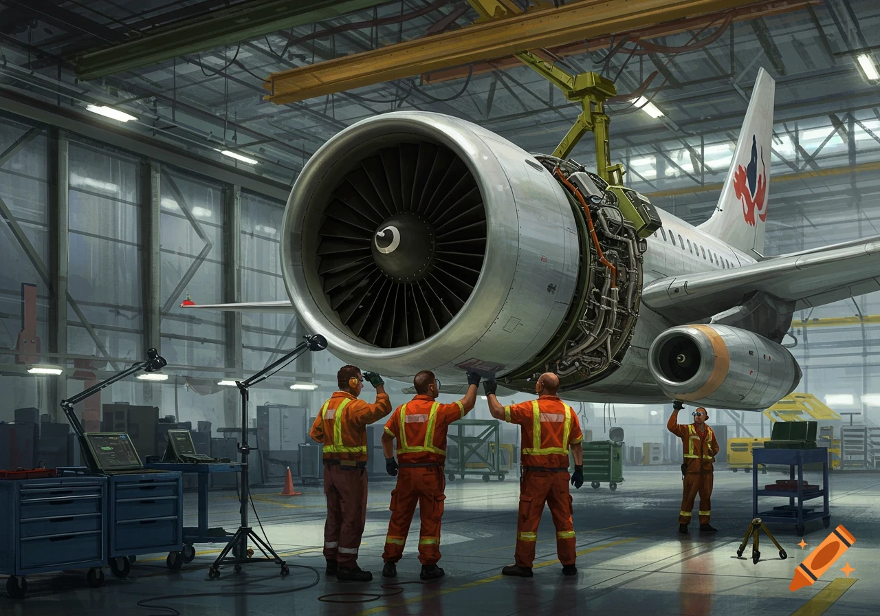 Several mechanics work on a large airplane engine in a hangar, with tools and equipment around them.