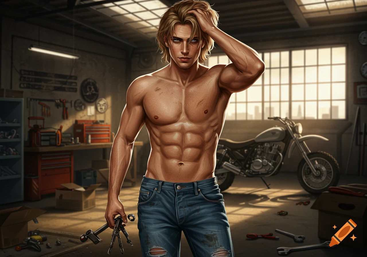 A muscular man with blonde hair and ripped jeans holds tools in a garage with a motorcycle in the background. Digital art.