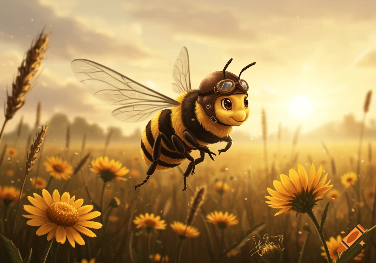 A cute cartoon bee wearing a pilot's helmet and goggles flies over a field of yellow flowers and wheat at sunset.