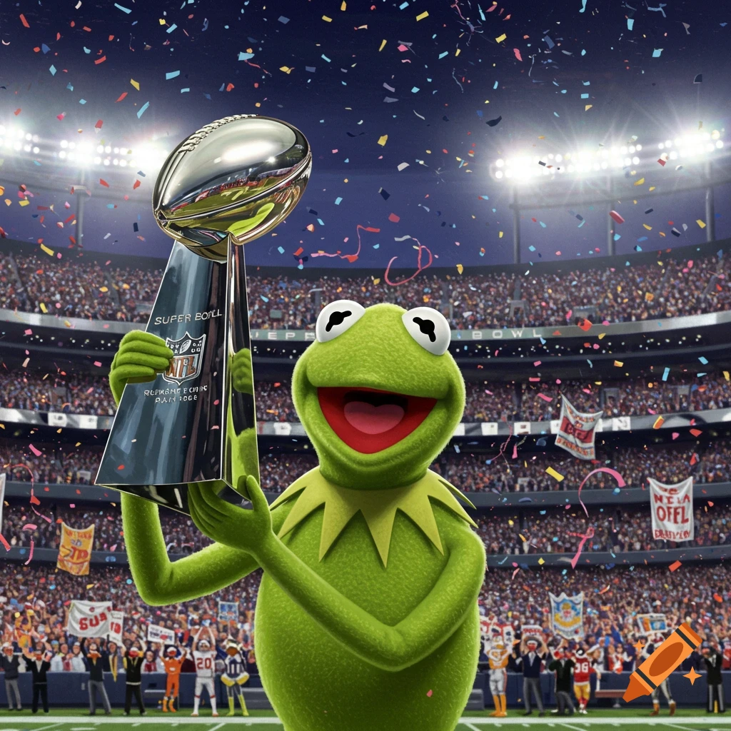 Kermit the Frog smiling while holding a shiny Super Bowl trophy on a football field filled with confetti in a packed stadium.