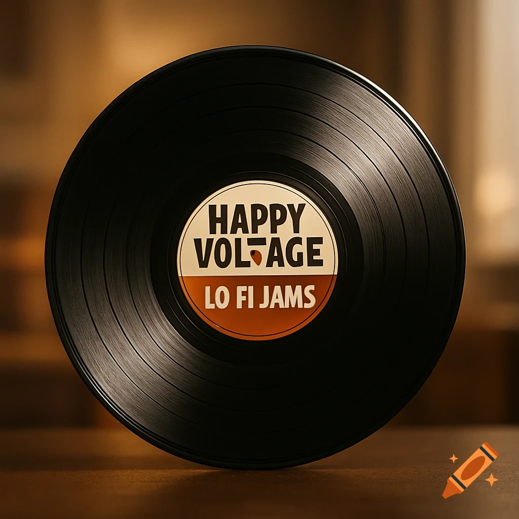 A close-up shot of a black vinyl record with a beige and orange label that reads 'HAPPY VOLTAGE' and 'LO FI JAMS'.