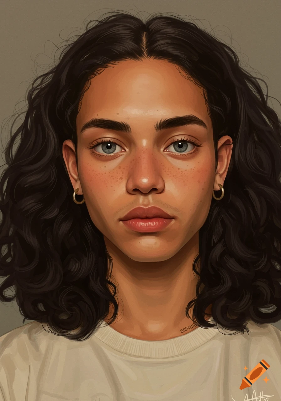 Digital art portrait of a person with dark curly hair, light eyes, and freckles, wearing a light-colored shirt.