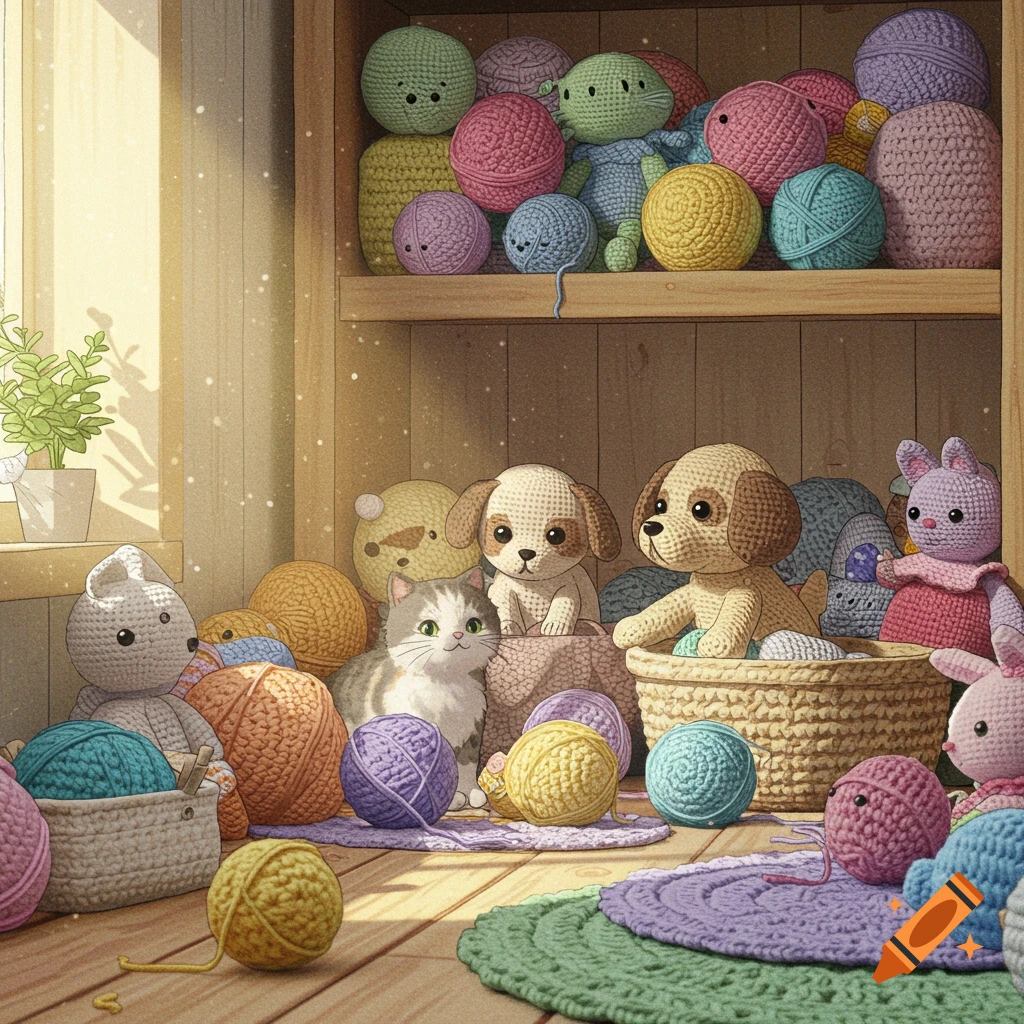 A sunlit room filled with colorful crochet yarn balls and adorable crochet animals, including a cat, two dogs, and bunnies, on wooden shelves and floor.