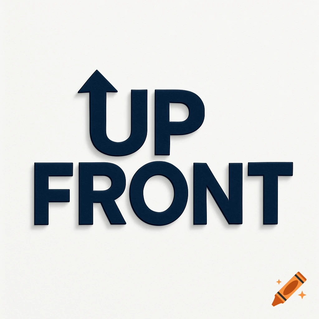 A dark blue 3D text logo saying UP FRONT, with the letter U styled as an arrow pointing upwards, on a white background.