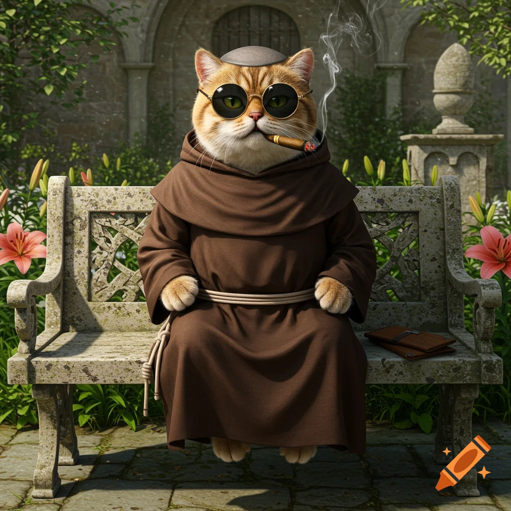 A photorealistic cat wearing a monk's habit and sunglasses, smoking a cigar, sits on a stone bench in a garden.