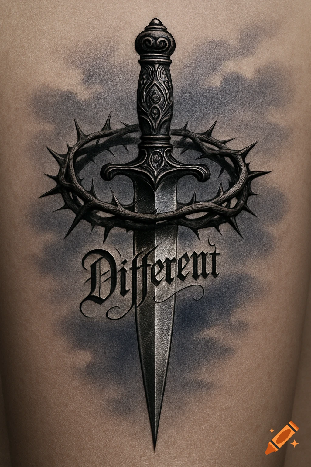 Detailed tattoo of a dagger with a crown of thorns around its hilt and the word 'Different' on the blade, against a cloudy background.