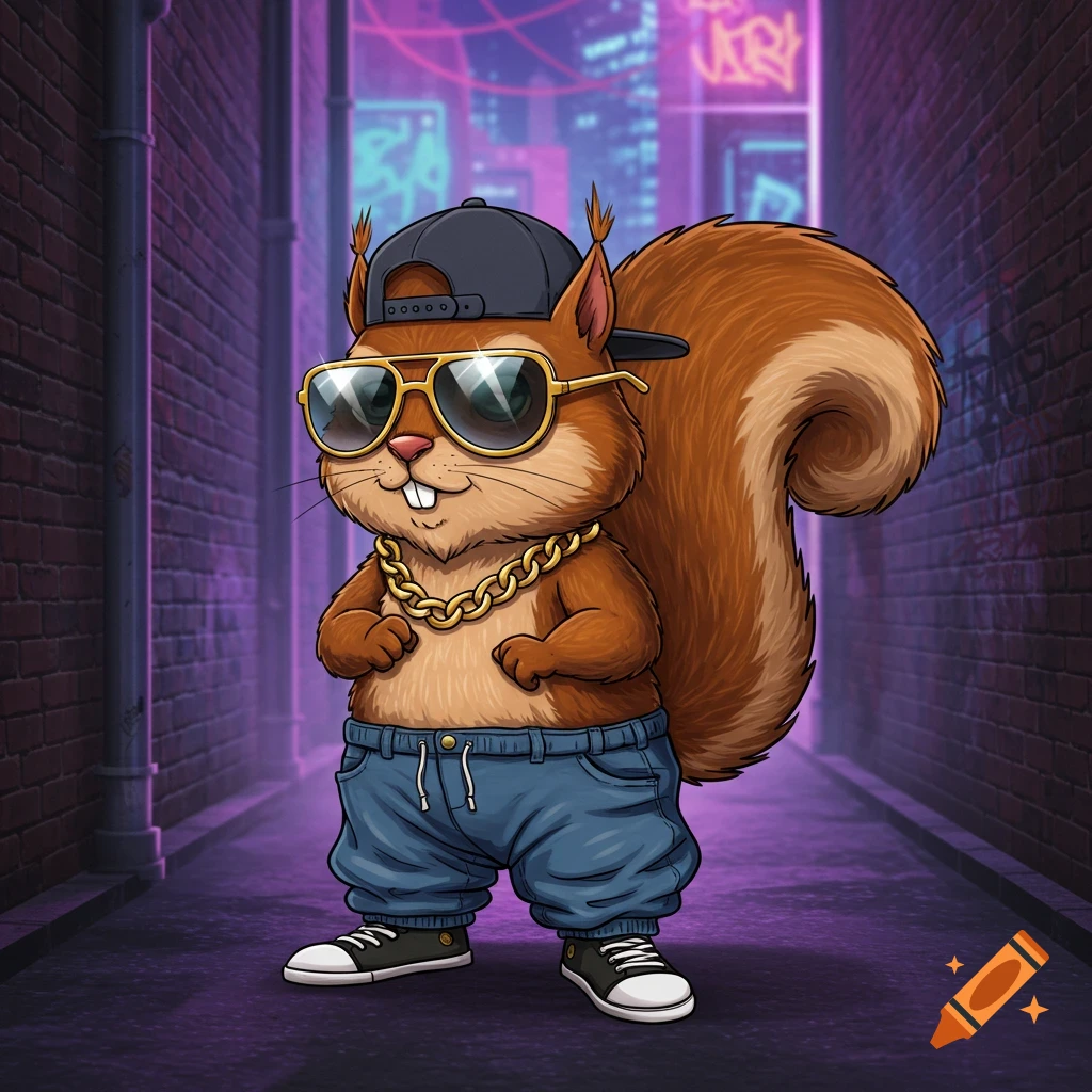 A cartoon squirrel wearing sunglasses, a black baseball cap, a gold chain, baggy blue jeans, and sneakers, standing in a purple-lit urban alleyway.