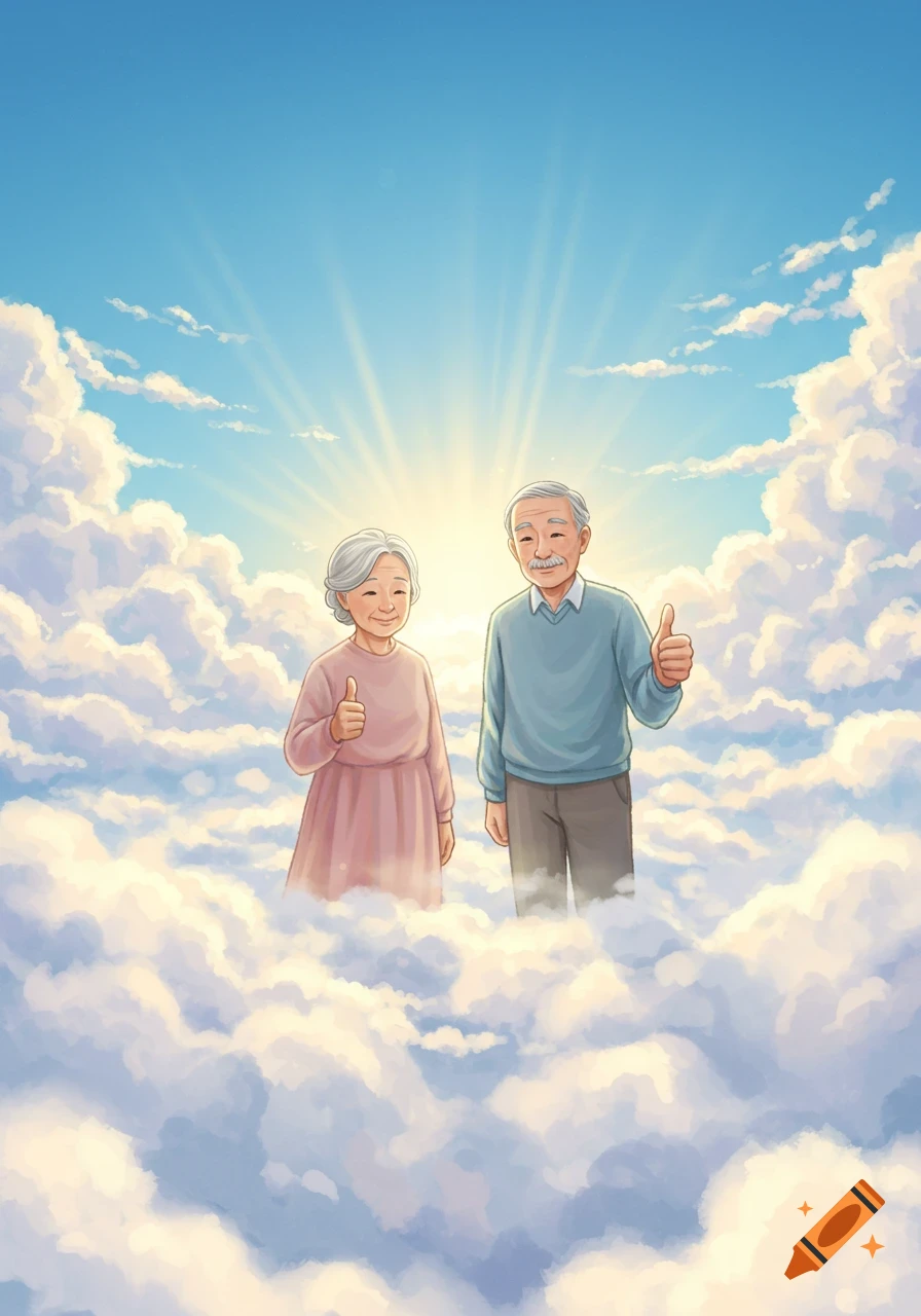An elderly Asian couple with white hair stands smiling in fluffy white clouds under a bright blue sky with sun rays, giving thumbs up.