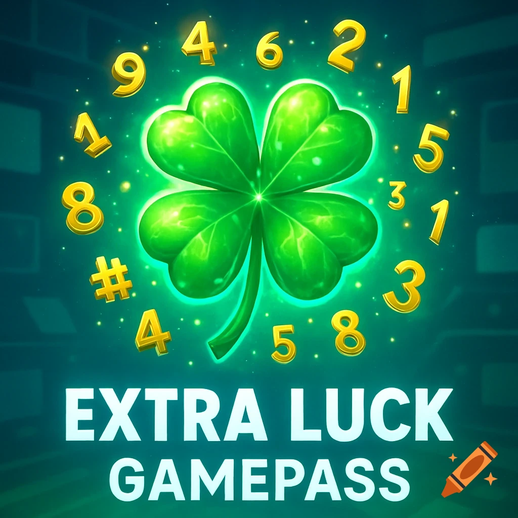 A vibrant green four-leaf clover surrounded by glowing gold numbers, with "EXTRA LUCK GAMEPASS" text below.