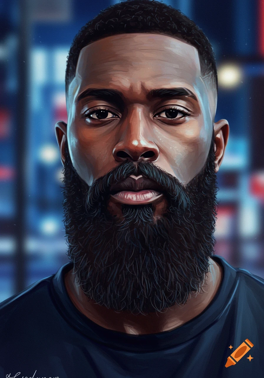 A close-up illustration of a Black man with a full dark beard and short haircut, looking directly at the viewer with a serious expression against a blurred blue background.