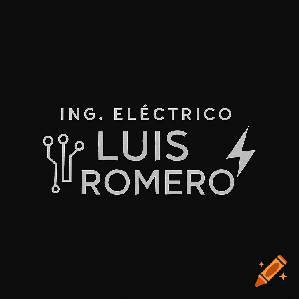 Minimalist black logo for Ing. El\u00e9ctrico Luis Romero with circuit board and lightning bolt symbols.