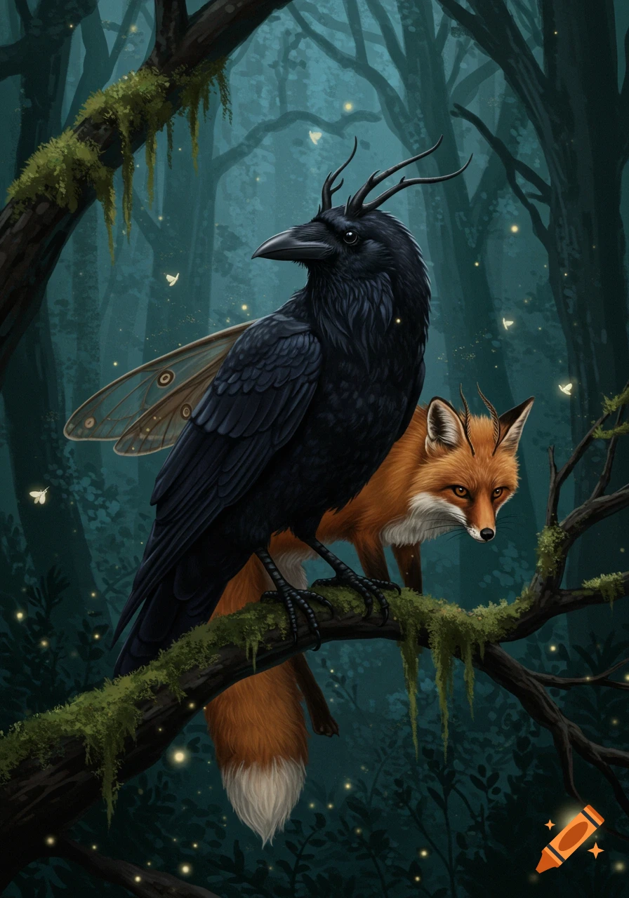 A horned, winged raven-like creature and a red fox on a mossy branch in a dark, glowing forest.