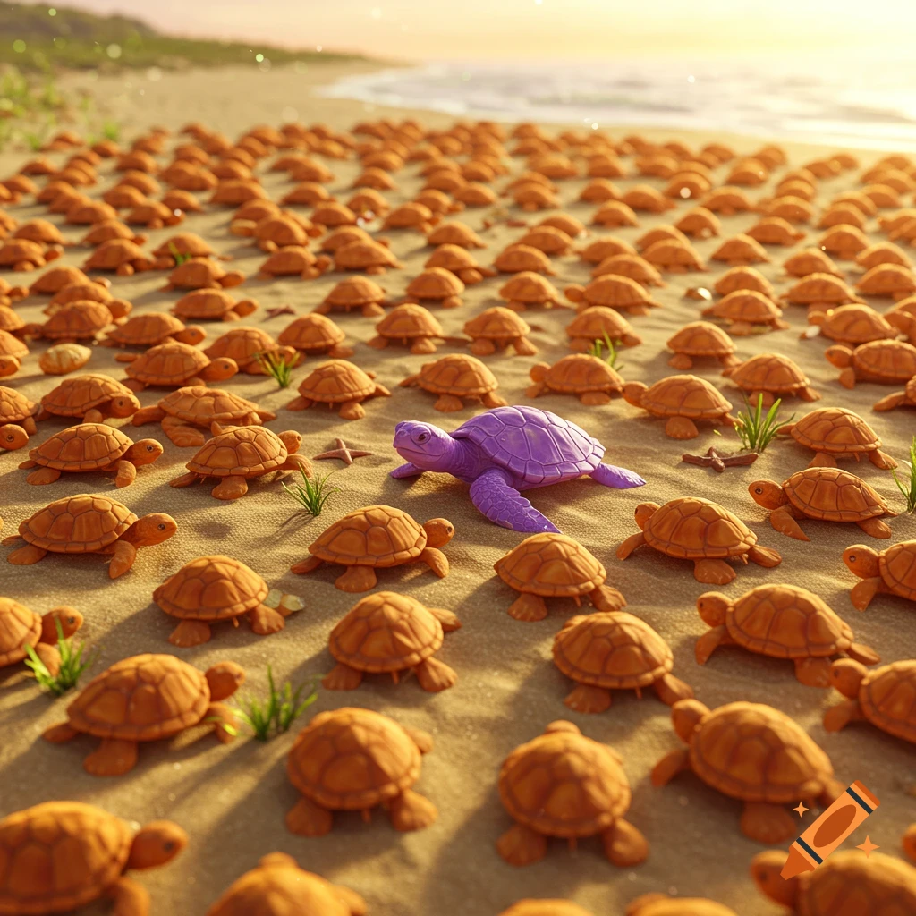 A lone purple turtle surrounded by a large group of orange turtles on a sandy beach at sunset.
