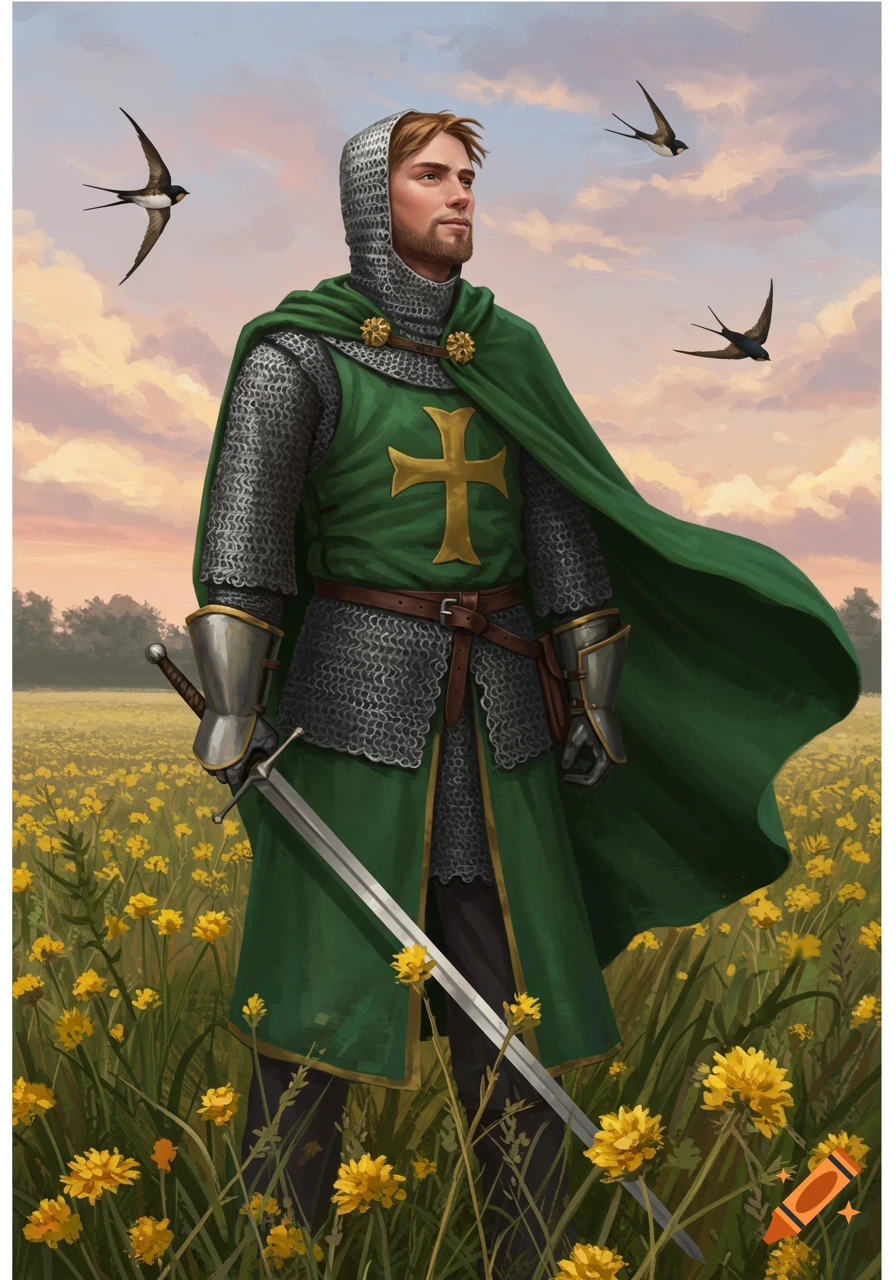A knight in chainmail and a green surcoat with a golden cross stands in a field of yellow flowers, holding a sword. Three swallows fly in the sky.