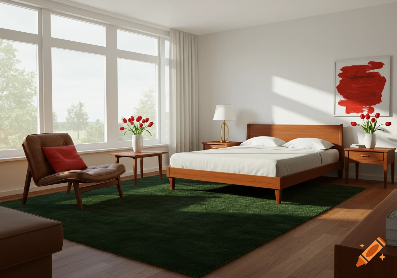 A sunlit modern bedroom with a wooden bed, white walls, dark green rug, brown lounge chair, and red tulip accents.