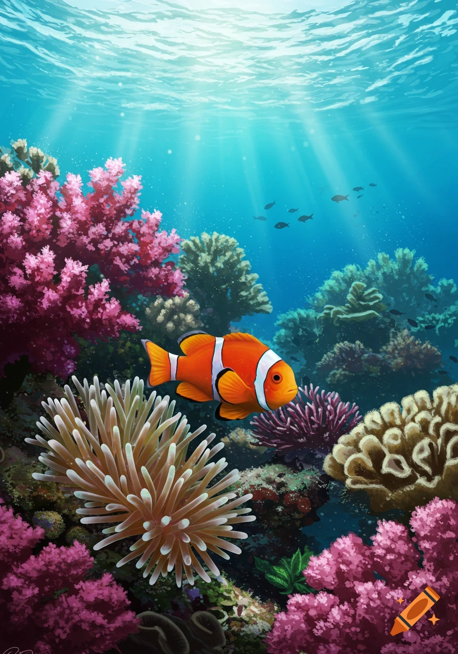 An orange clownfish swims among vibrant pink and green coral reefs with sun rays filtering through clear blue water.